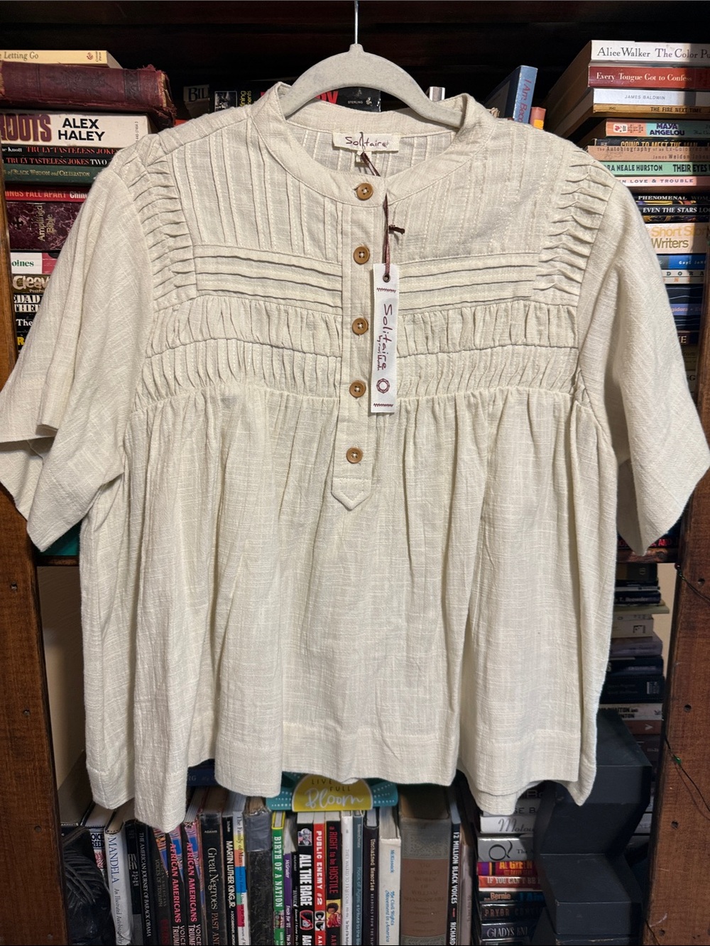 Solitaire Cream Pintuck Button Front Blouse